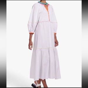 Staud Tiered Maxi Dress White Multicolor Piping Puff Sleeve Poplin size S NWT